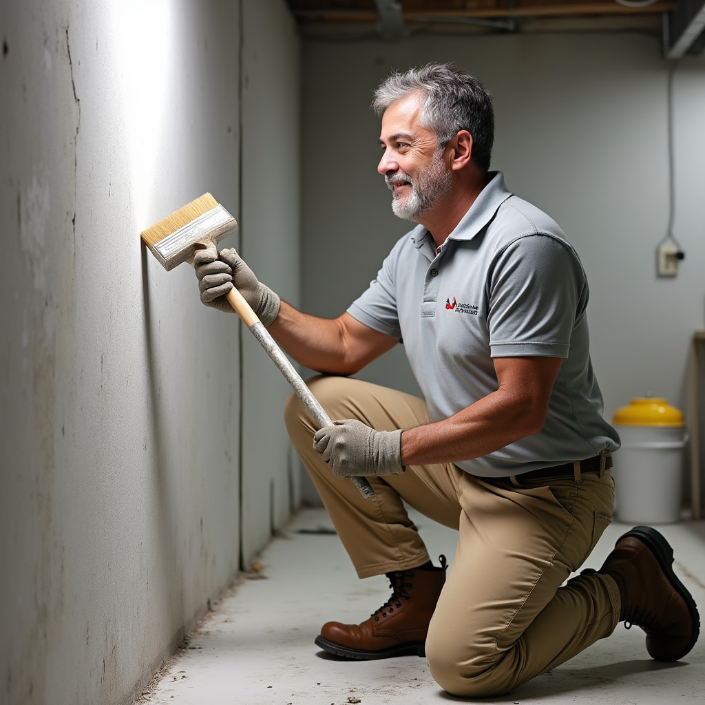 Professional applying waterproofing coating to basement wall interior