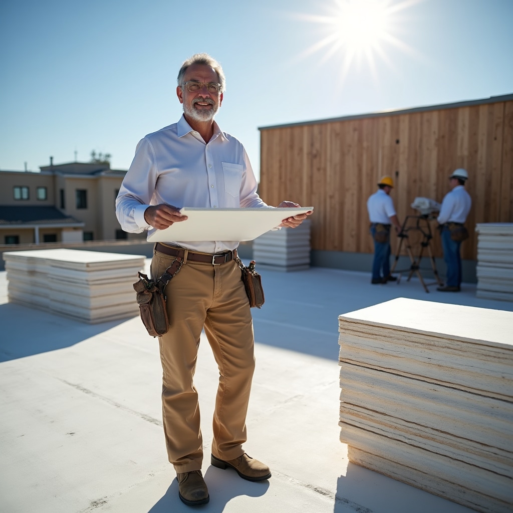 Commercial building roof during thermal insulation upgrade installation process