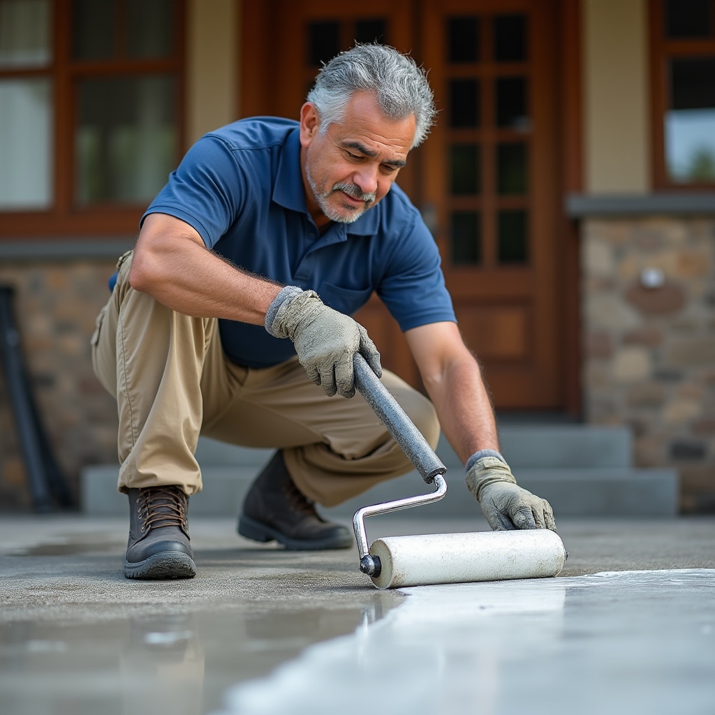 Worker applying liquid waterproofing membrane with roller on prepared surface