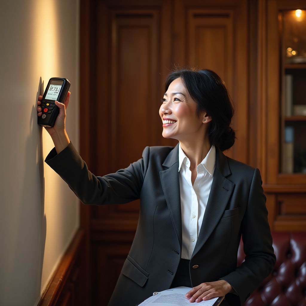 Building inspector using moisture meter to test wall for water infiltration