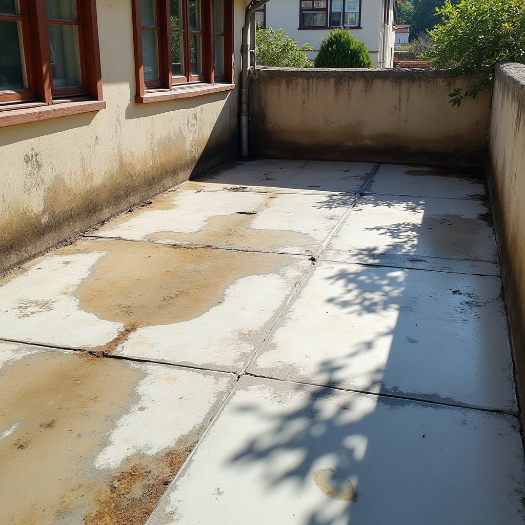 Residential terrace showing water damage and deteriorated waterproofing membrane
