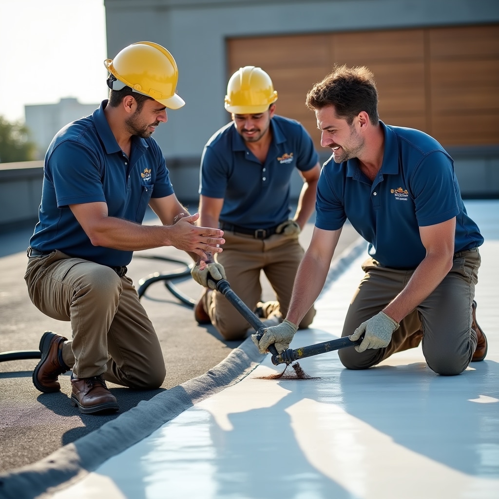 Professional installing waterproof membrane system on commercial flat roof