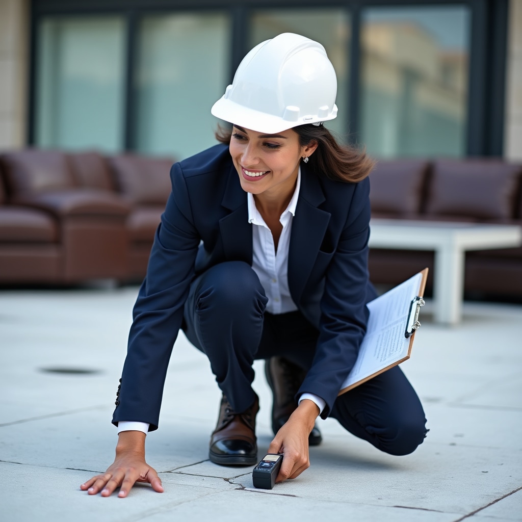 Building professional inspecting flat roof terrace for moisture damage