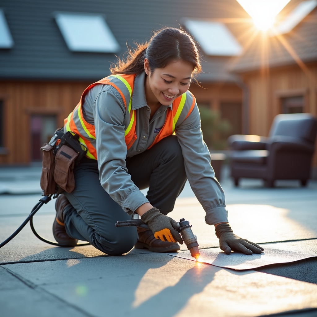 Technician heat-welding seams of sheet waterproofing membrane on roof