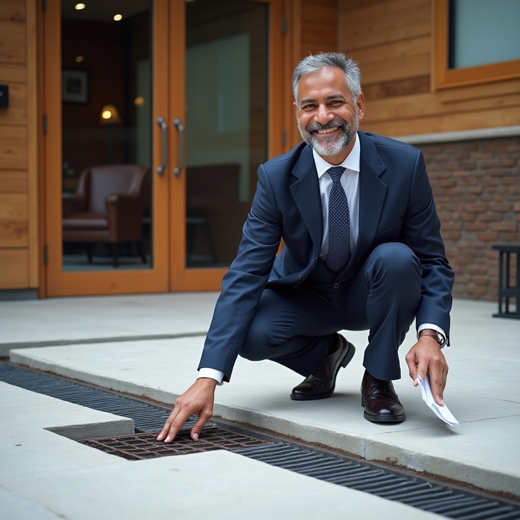 Properly installed terrace drainage system with waterproofing membrane visible
