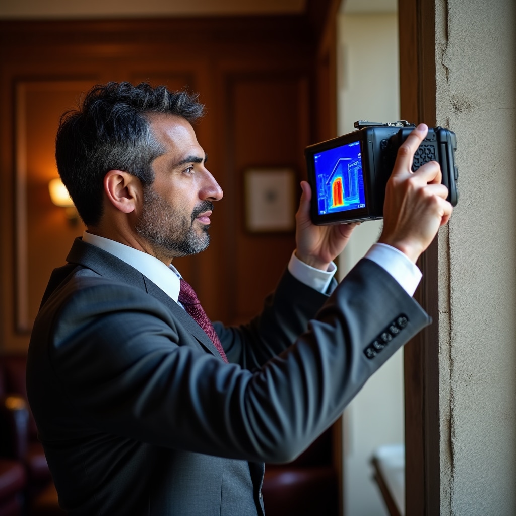 Thermal imaging camera revealing heat loss areas in building wall