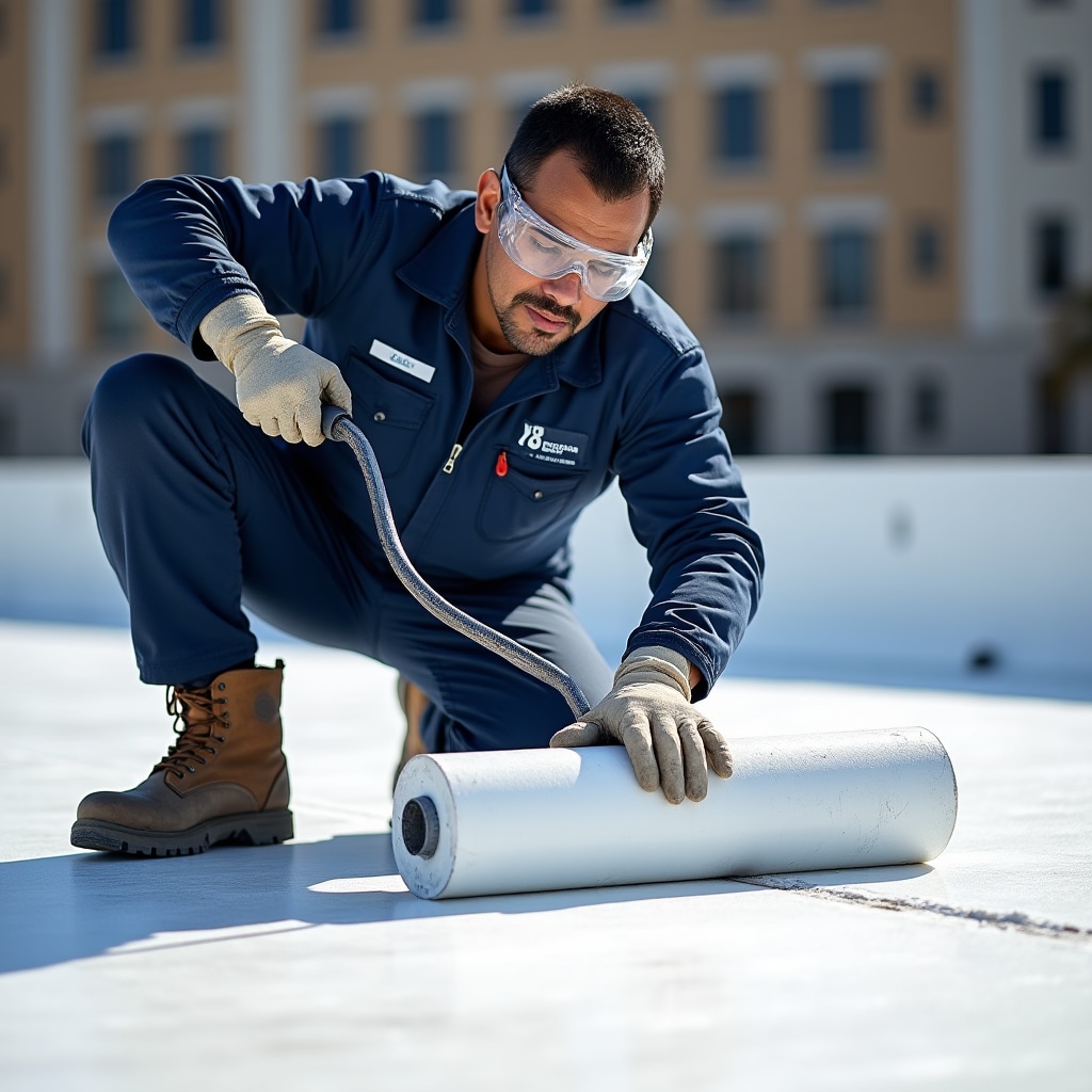 Professional applying waterproofing membrane on flat roof surface